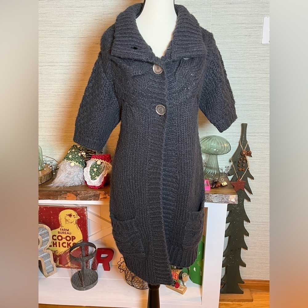 Free People Long Cardigan Sweater Grey Size Medium Short Sleeve Cable Knit - Picture 9 of 9